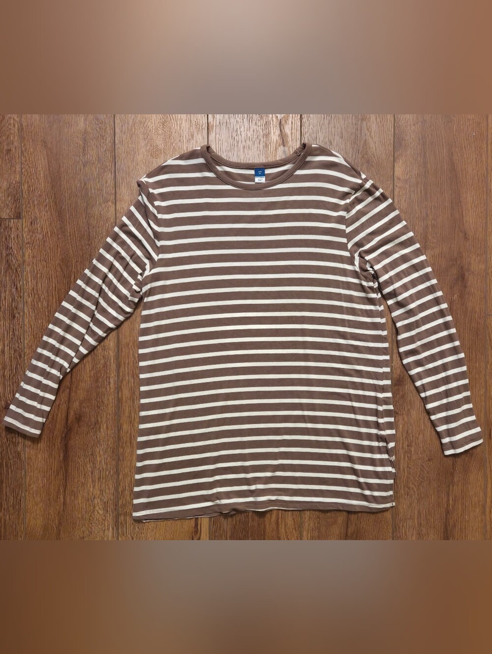 Old Navy Luxe Taupe and White Striped Long-Sleeve Tee
